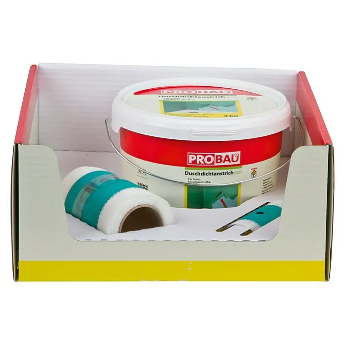 Probau eco Duschdicht-Set - 3 -tlg. - Das ProBau Duschdichtanstrich eco Set in der Verpackung, bestehend aus Eimer, Dichtband und Werkzeug. Ideal für Bad und Dusche.