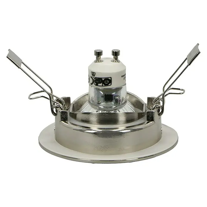 Tween Light LED-Einbauleuchten-Set - 9,6 W, Nickel matt, Warmweiß, IP44 - Nahaufnahme einer LED-Einbauleuchte mit silberfarbenem Rahmen und Federmechanismus vor schwarzem Hintergrund.
