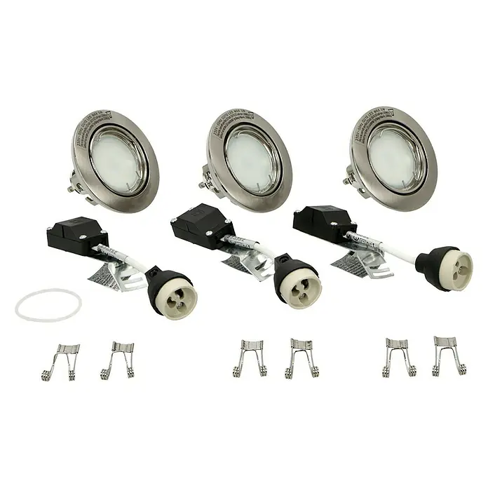 Tween Light LED-Einbauleuchten-Set - 9,6 W, Nickel matt, Warmweiß, IP44 - Nahaufnahme von drei LED-Einbaustrahlern mit Zubehör auf schwarzem Hintergrund. Ideal für moderne Beleuchtungslösungen.