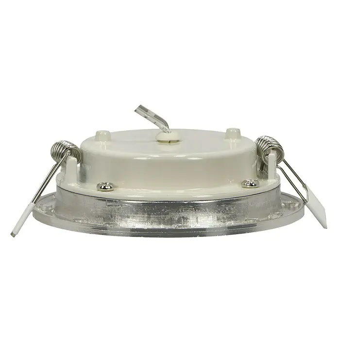 Tween Light LED-Einbauleuchten-Set - 9 W, Nickel matt, Warmweiß - Nahaufnahme einer LED-Einbauleuchte mit weißen und silbernen Elementen vor einem schwarzen Hintergrund.