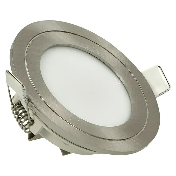 Tween Light LED-Einbauleuchten-Set - 9 W, Nickel matt, Warmweiß - Nahaufnahme einer LED-Einbauleuchte mit gebürstetem Nickelrahmen, ideal für moderne Innenräume und energieeffiziente Beleuchtungslösungen.