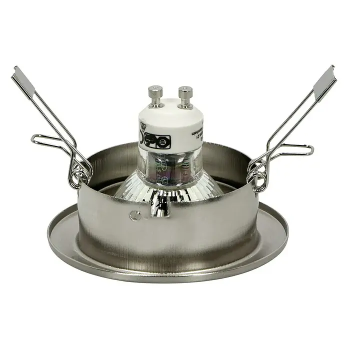Tween Light LED-Einbauleuchten-Set - 9 W, Nickel matt, 3 Stk., Warmweiß - Nahaufnahme einer MR16-Halogenlampe mit Halterung, die zur Deckenmontage bereit ist, perfekt für Akzentbeleuchtung.