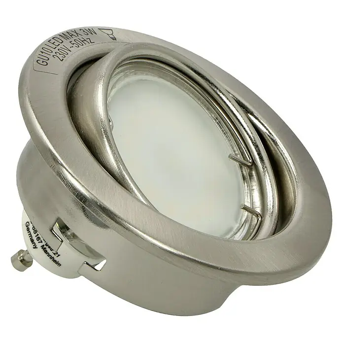 Tween Light LED-Einbauleuchten-Set - 9 W, Nickel matt, 3 Stk., Warmweiß - Nahaufnahme eines GU10 LED-Spots mit gebürstetem Metallrahmen und weißem Diffusor, der ein modernes und helles Design zeigt.