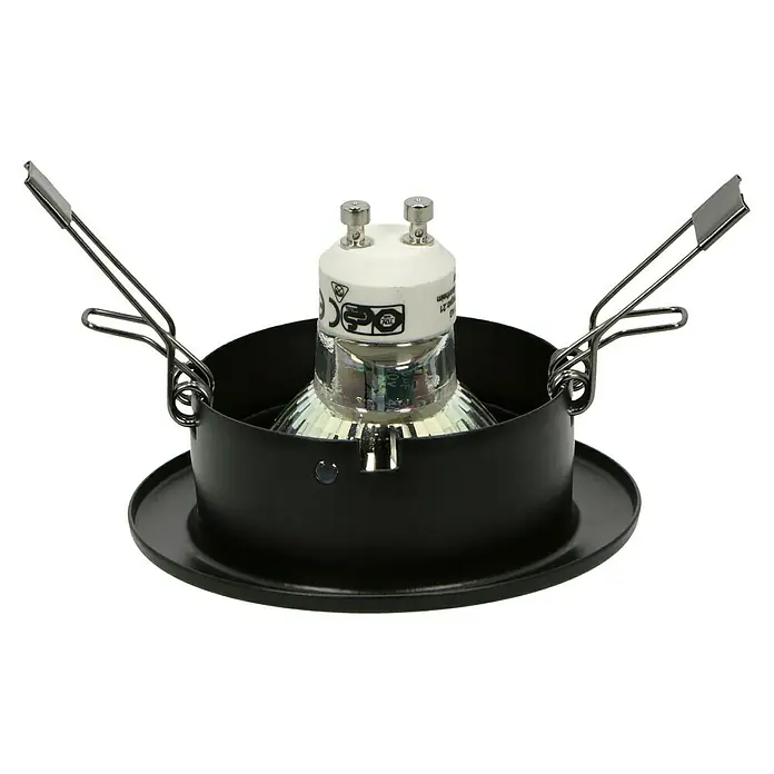 Tween Light LED-Einbauleuchten-Set - 9 W, Schwarz, 3 Stk., Warmweiß - Nahaufnahme einer schwarzen Deckeneinbauleuchte mit Halogenlampe, die durch Metallfedern gehalten wird. Ideal für stimmungsvolle Beleuchtung.