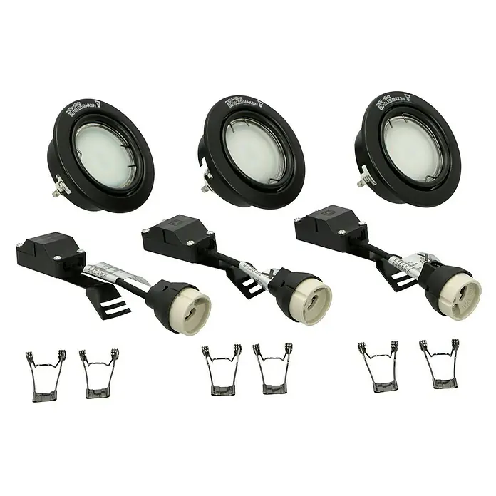 Tween Light LED-Einbauleuchten-Set - 9 W, Schwarz, 3 Stk., Warmweiß - Produktbild: Drei LED-Einbaustrahler mit schwarzen Rahmen, Fassungen und Befestigungsklammern für eine einfache Installation.