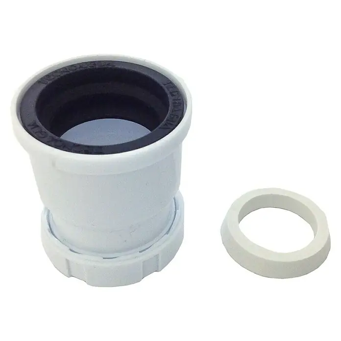 Tecnoagua Manguito de unión tubo metálico a tubo liso - 34 mm - Imagen de una extensión de inodoro blanca con un anillo de goma negro y sello, utilizada para instalaciones de fontanería.