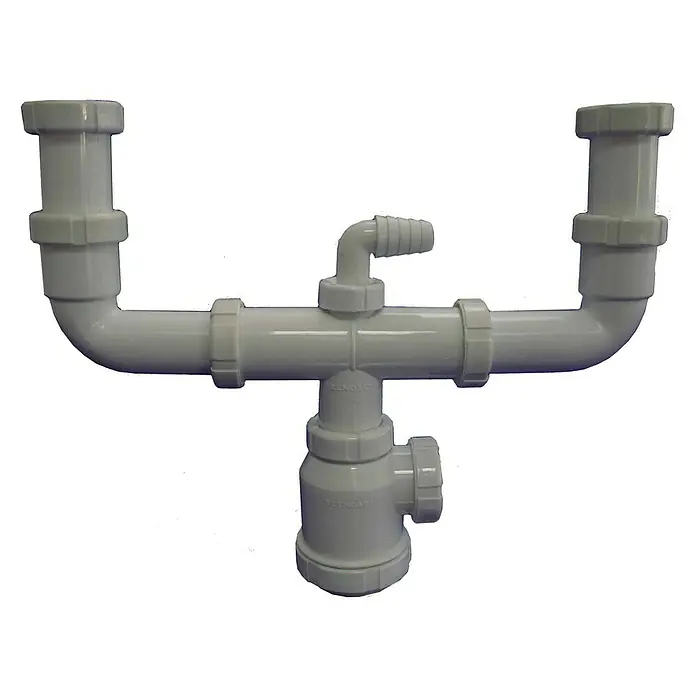 Tecnoagua Sifón doble para fregadero tipo botella con racor esxtensible - 1 ½″, DN 40, Polipropileno - Un primer plano de un kit de sifón doble para lavabo gris que muestra suministros de plomería para la instalación en baños o cocinas.