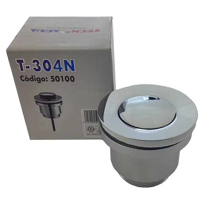 Tecnoagua Válvula click clack T-304N - 1¼'', Cromo - Primer plano de una válvula de desagüe TECN-AGUA T-304N con embalaje, ideal para accesorios de baño e instalaciones de fontanería.