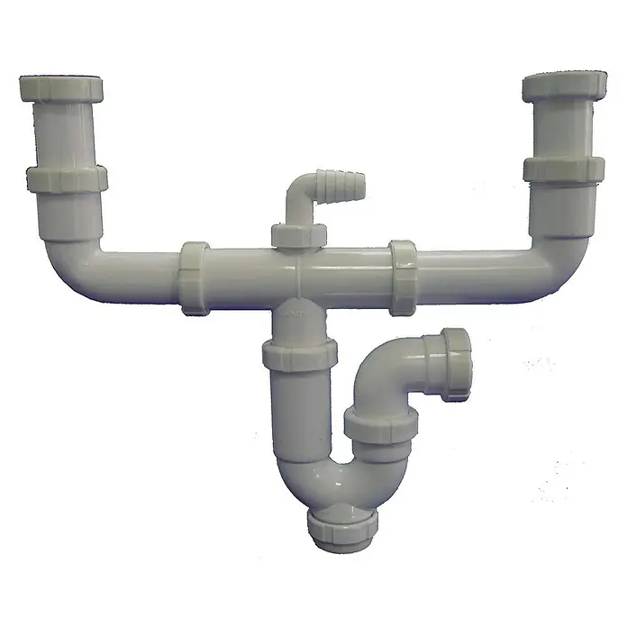 Tecnoagua Sifón doble para fregadero tipo curvo con racor extensible - 1 ½″, DN 40, Polipropileno - Instalación sanitaria con tuberías de aguas residuales blancas conectadas a un sifón, ideal para lavabos de baño o cocina.