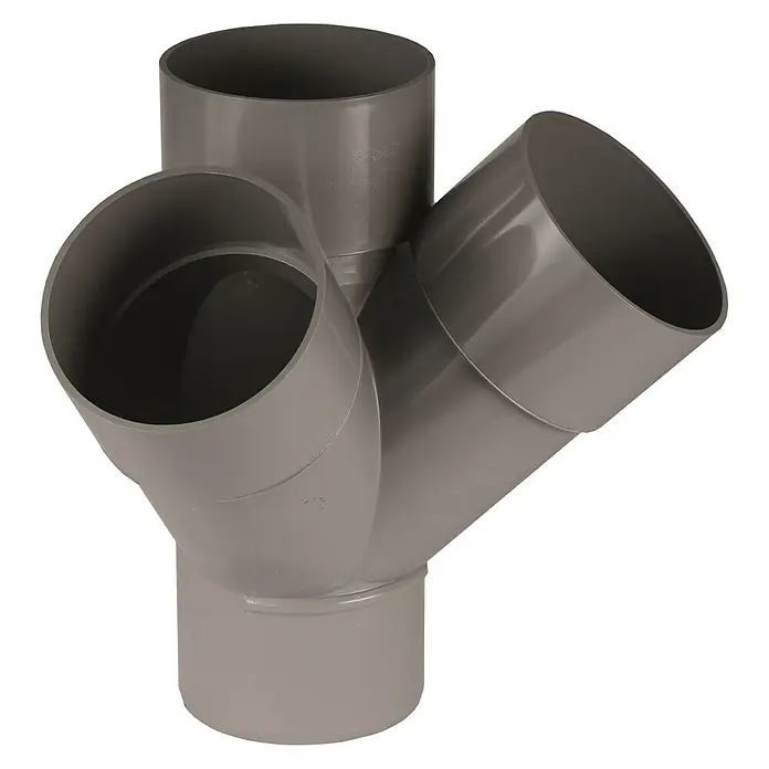 Tecnoagua Pieza T doble escuadra M-H - Diámetro: 110 mm - Un accesorio de tubería en Y doble de PVC gris, ideal para sistemas de plomería y drenaje, que permite una conexión y distribución eficientes.