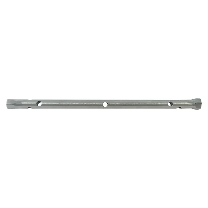 Rousseau Llave de apriete - Ancho de llave: 10 mm - 12 mm - Imagen de una llave de vaso plateada con orificios para usar con un mango giratorio. Ideal para lugares estrechos.
