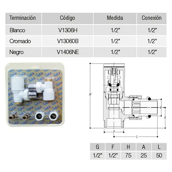 Cicsa Detentor para radiador Deco con vávula - ½″, Cromo - Imagen del producto de un juego de válvulas de radiador que muestra detalles técnicos y opciones de color (blanco, cromo, negro) y dimensiones.