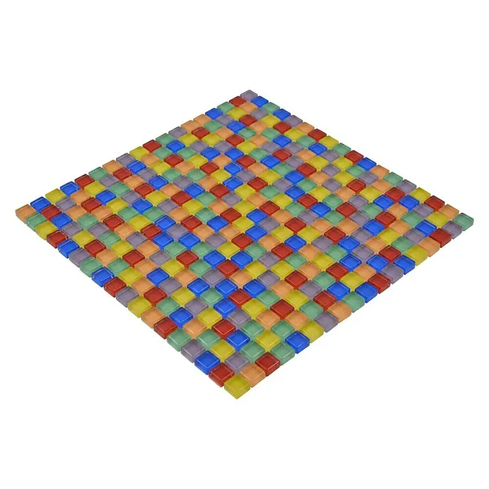 Mosaikfliese Quadrat Crystal XCM 8SE1501 - 30 x 30 cm, Bunt, Glänzend - Das Bild zeigt eine bunte Fliesenmatte mit quadratischen Mosaiksteinen in verschiedenen Farben, ideal für kreative Wand- und Bodengestaltungen.