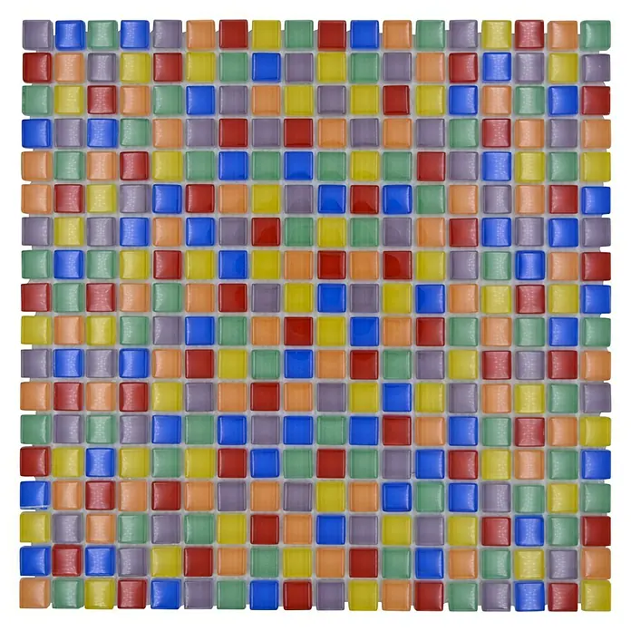 Mosaikfliese Quadrat Crystal XCM 8SE1501 - 30 x 30 cm, Bunt, Glänzend - Buntes Mosaikfliesenmuster. Die Fliesen sind quadratisch und in verschiedenen Farben angeordnet, was ein lebendiges Design ergibt.