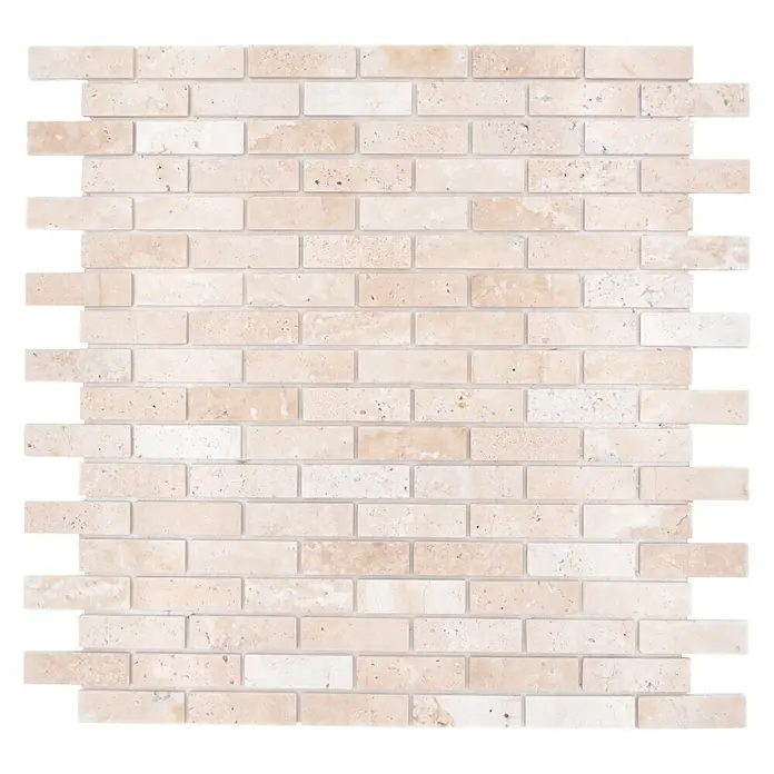 Selbstklebemosaik SAM 4NM92 - 30 x 30,5 cm, Beige, Glänzend - Nahaufnahme eines Mosaiks aus Travertin-Wandfliesen, ideal für die stilvolle Gestaltung von Innenräumen mit natürlicher Textur.