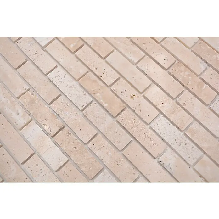 Selbstklebemosaik SAM 4NM92 - 30 x 30,5 cm, Beige, Glänzend - Elegante Travertin-Mosaikfliesen im Fischgrätmuster. Die warmen Farbtöne und natürlichen Texturen verleihen jedem Raum eine luxuriöse Note.