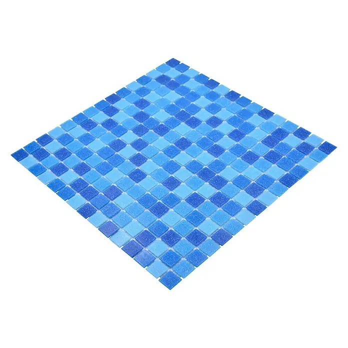 Mosaikfliese Quadrat Crystal Mix GM A 335P - 32,7 x 30,5 cm, Blau/Hellblau, Glänzend - Quadratische, blaue Mosaikfliesen für Schwimmbäder. Die Fliesen sind auf einem Trägernetz befestigt und lassen sich leicht verlegen.