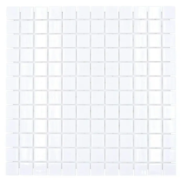 Mosaikfliese Eco Blanco VP100PUR - 31,6 x 31,6 cm, Weiß, Glänzend - Nahaufnahme von weißen quadratischen Mosaikfliesen, die ein sauberes und einheitliches Muster für moderne Innenräume bieten.
