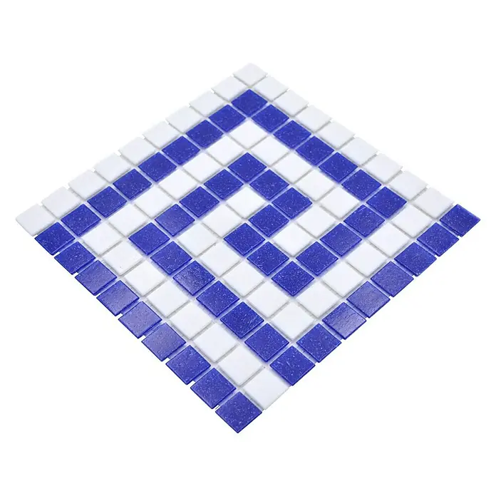 Mosaikfliese Quadrat Crystal GM BO 16P - 21,7 x 21,7 cm, Weiß/Dunkelblau, Glänzend - Quadratisches Mosaikfliesenmuster mit blauen und weißen Fliesen.