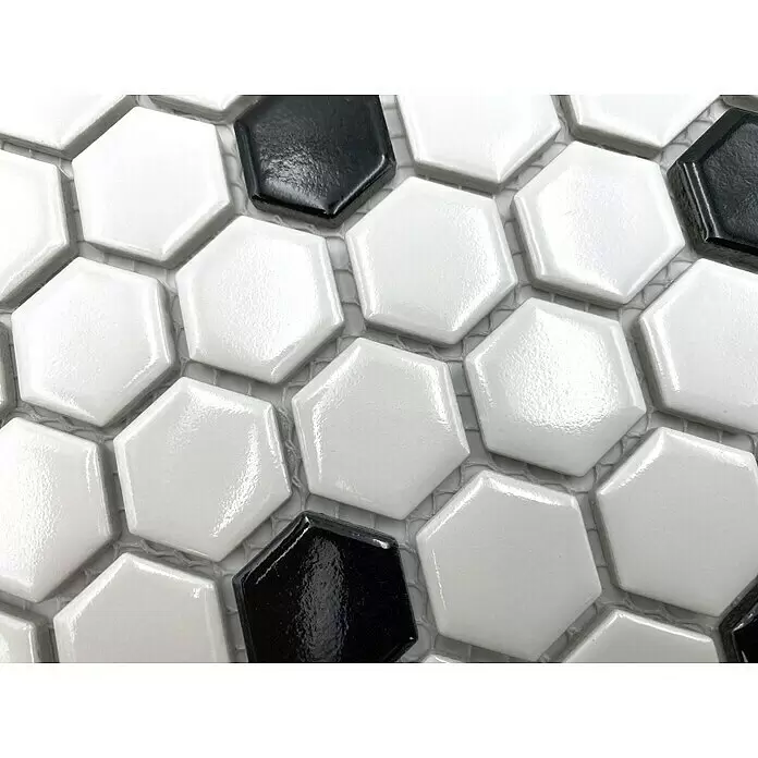 Mosaikfliese Hexagon Mix HX 045 - 26 x 30 cm, Weiß/Schwarz, Glänzend - Detailaufnahme
