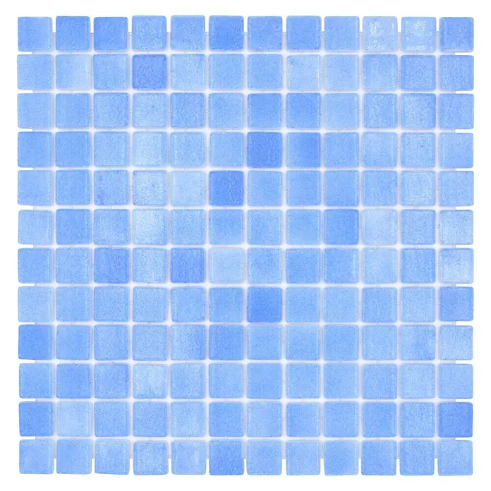 Mosaikfliese Eco Niebla VP110PAT - 31,6 x 31,6 cm, Himmelblau, Matt - Quadratische blaue Mosaikfliesen mit hellen Fugen. Diese Fliesen sind perfekt für Badezimmer oder Küchen, um einen frischen und sauberen Look zu kreieren.