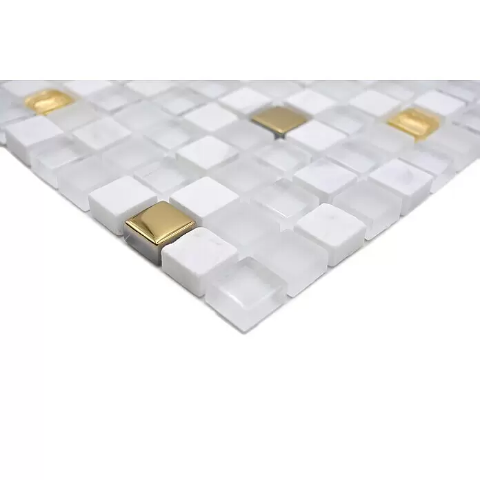 Mosaikfliese Crystal Mix XCM M640 - 30 x 30 cm, Weiß/Gold, Glänzend - Detailaufnahme