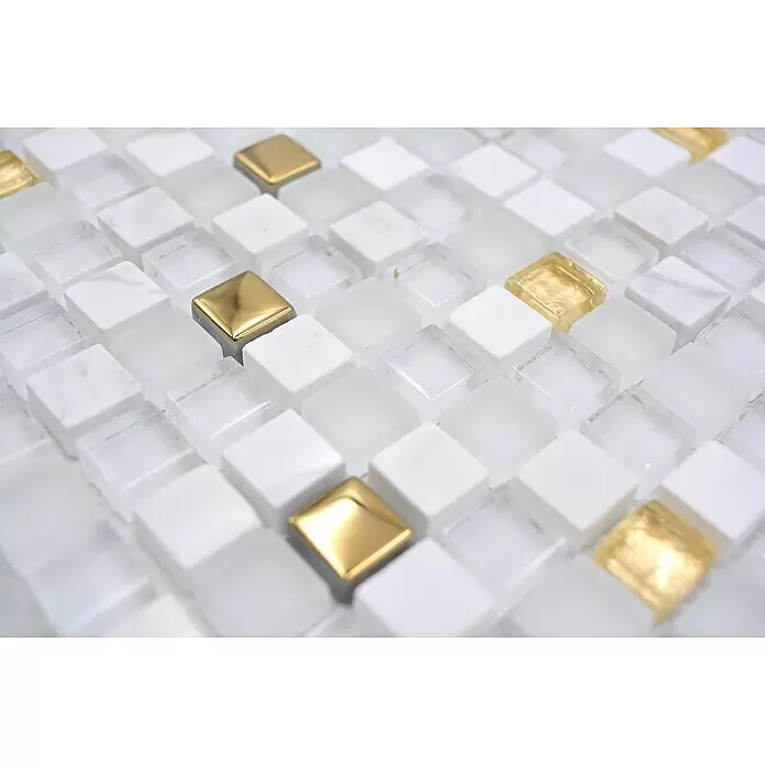 Mosaikfliese Crystal Mix XCM M640 - 30 x 30 cm, Weiß/Gold, Glänzend - Detailaufnahme