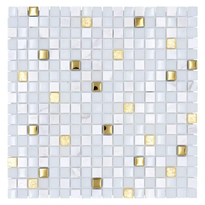 Mosaikfliese Crystal Mix XCM M640 - 30 x 30 cm, Weiß/Gold, Glänzend - Quadratisches Mosaikmuster mit weißen und goldenen quadratischen Akzenten, ideal für auffällige Wand- und Bodengestaltungen.