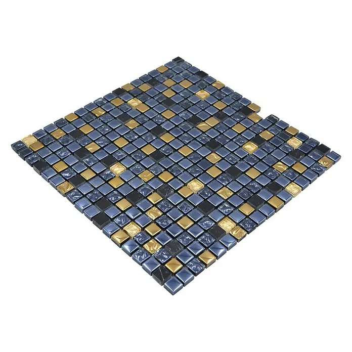 Mosaikfliese Crystal Mix XCM M650 - 30 x 30 cm, Schwarz/Gold, Glänzend - Quadratische Mosaikfliese mit goldenen und dunklen Akzenten, ideal für stilvolle Wand- und Bodengestaltung.\n
