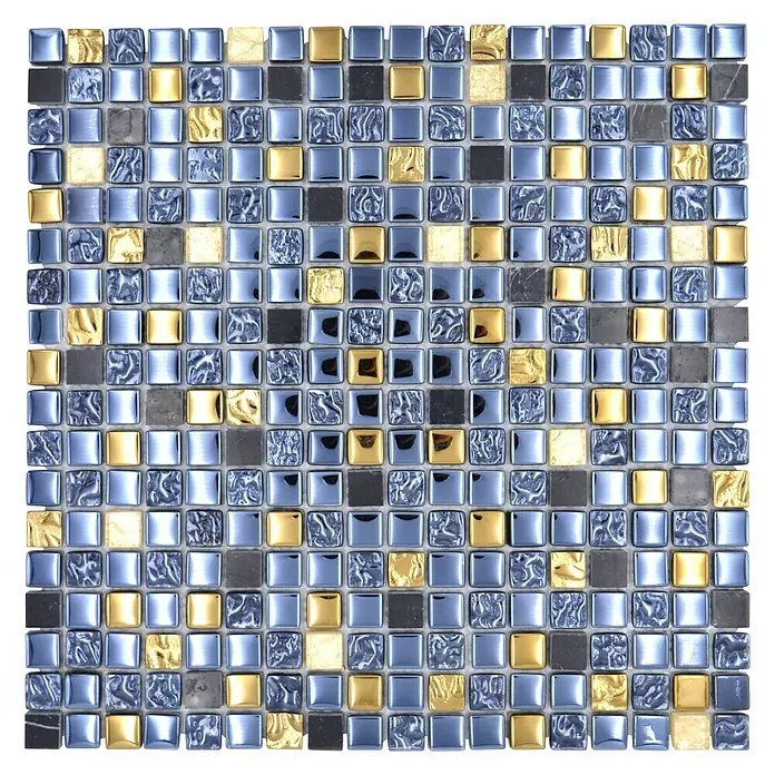 Mosaikfliese Crystal Mix XCM M650 - 30 x 30 cm, Schwarz/Gold, Glänzend - Nahaufnahme eines Mosaikfliesenmusters mit blauen, goldenen und grauen quadratischen Fliesen, die ein reflektierendes, strukturiertes Design zeigen.