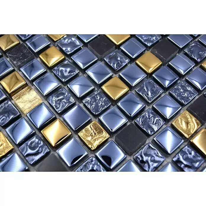 Mosaikfliese Crystal Mix XCM M650 - 30 x 30 cm, Schwarz/Gold, Glänzend - Detailaufnahme
