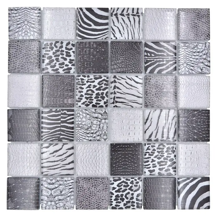 Mosaikfliese Crystal Wildlife XCM WL28 - 29,8 x 29,8 cm, Grau/Schwarz, Glänzend - Hochwertige Mosaikfliesen mit Tiermuster-Design. Ideal für moderne Badezimmer und Küchen, die einen Hauch von Exotik suchen.