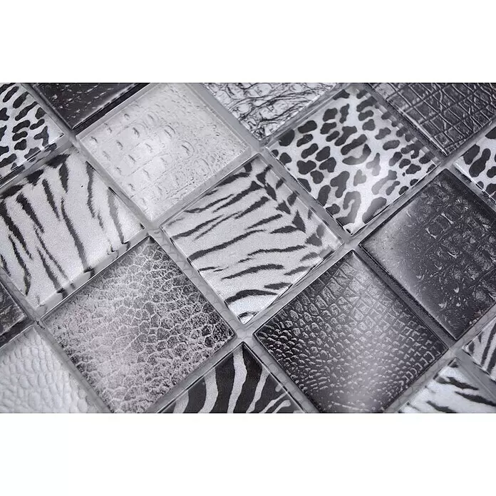 Mosaikfliese Crystal Wildlife XCM WL28 - 29,8 x 29,8 cm, Grau/Schwarz, Glänzend - Detailaufnahme
