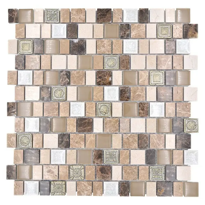 Mosaikfliese Crystal Mix XNM DF2 - 29,8 x 30,4 cm, Beige/Braun, Glänzend - Beige und braune Mosaikfliese mit verschiedenen Mustern für eine stilvolle Wand- oder Bodengestaltung.