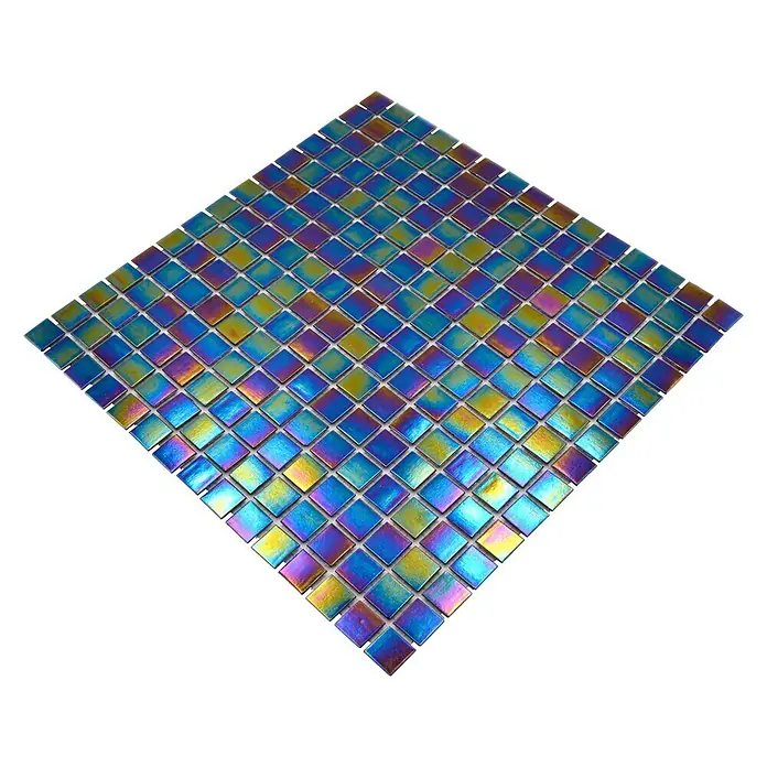 Mosaikfliese Quadrat Crystal GM IR 268 - 30,5 x 30,5 cm, Iridiumschwarz, Glänzend - Quadratische Mosaikfliese mit schimmernden Blau-, Gelb- und Violetttönen auf schwarzem Hintergrund für Wand- und Bodendesign.