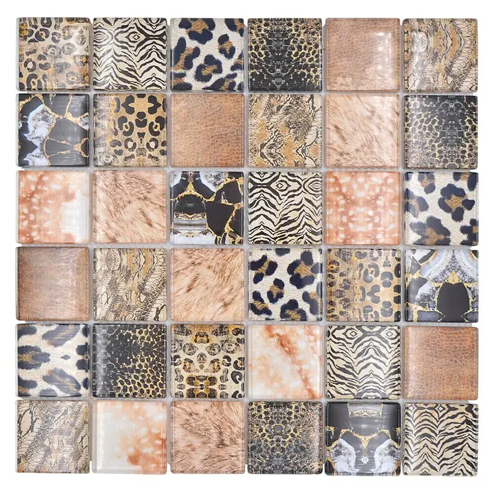 Mosaikfliese Crystal Wildlife XCM WL68 - 29,8 x 29,8 cm, Braun, Glänzend - Quadratisches Mosaik mit verschiedenen Tiermustern.