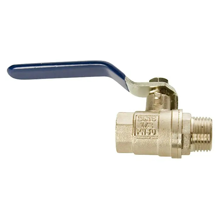 Válvula esférica con palanca M-H - 1″, Latón - Una válvula de bola de latón con mango azul para fontanería, ideal para aplicaciones de agua y gas.