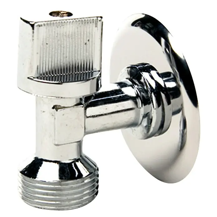 Grifo para lavadora M-H - Rosca exterior: ½″ - Primer plano de una válvula de ángulo cromada brillante, utilizada para regular el suministro de agua en instalaciones de fontanería.