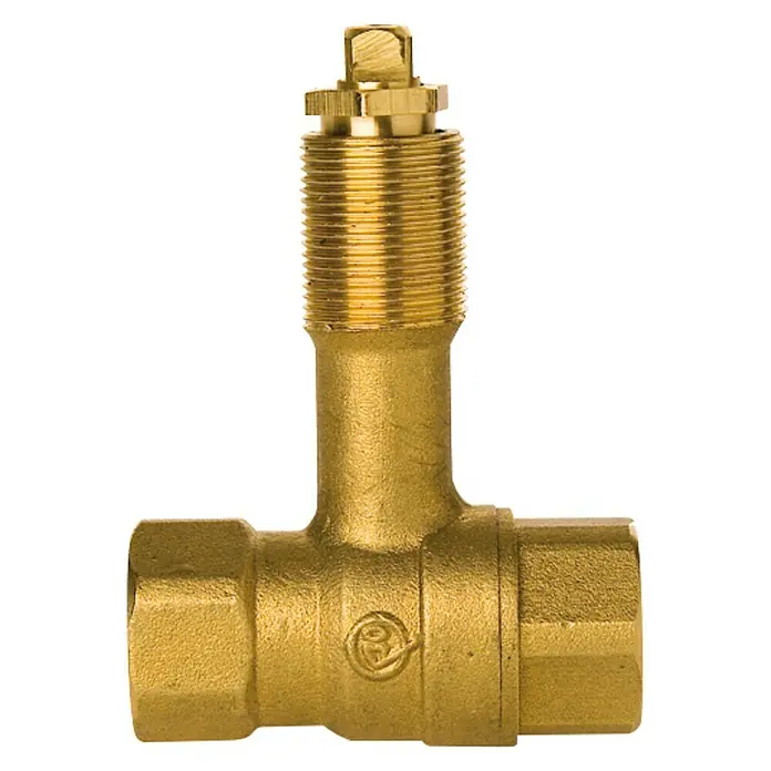 Válvula esférica empotrar Tango H-H - ½″, Latón - Primer plano de una válvula de bola dorada en forma de T con conexión roscada para aplicaciones de fontanería o calefacción.