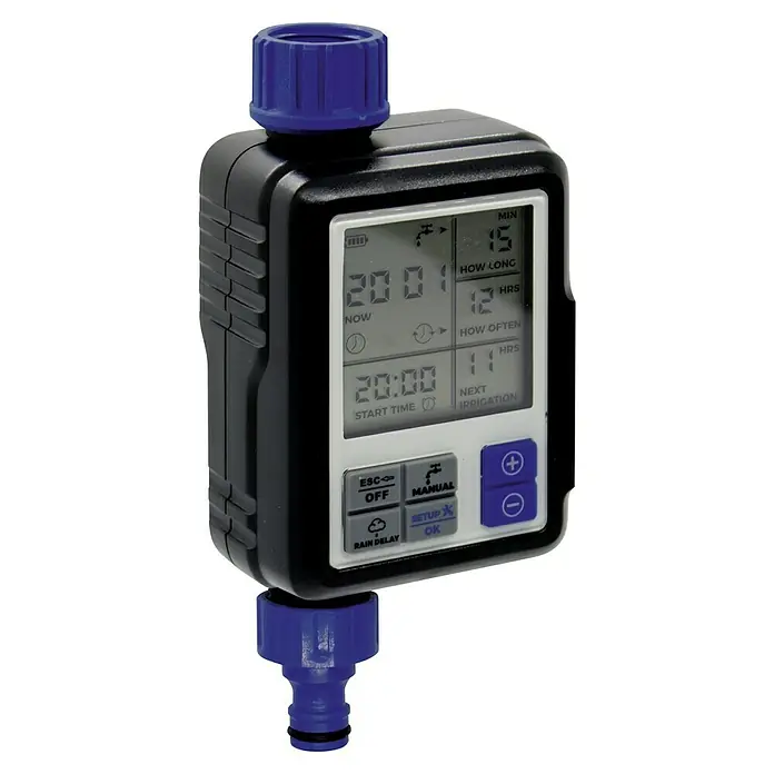 Altadex Programador de riego Full-Vision - Tiempo de riego: 1 min - 120 min - Un ordenador de riego digital para el jardín con un conector azul y una pantalla para configurar los tiempos de riego.