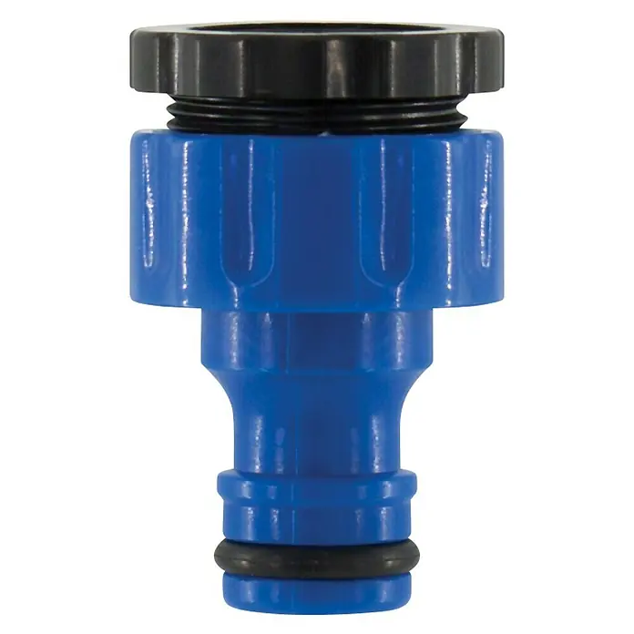 Altadex Programador de riego Full-Vision - Tiempo de riego: 1 min - 120 min - Primer plano de un conector de manguera azul con un accesorio roscado negro sobre un fondo negro.