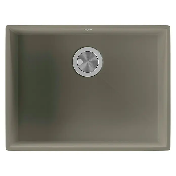 Atron Fregadero encastrable Ocean - 43,6 x 54,6 cm, Cemento, Brillante - Primer plano de un fregadero de cocina moderno en tonos grises con un desagüe redondo de acero inoxidable en el centro.