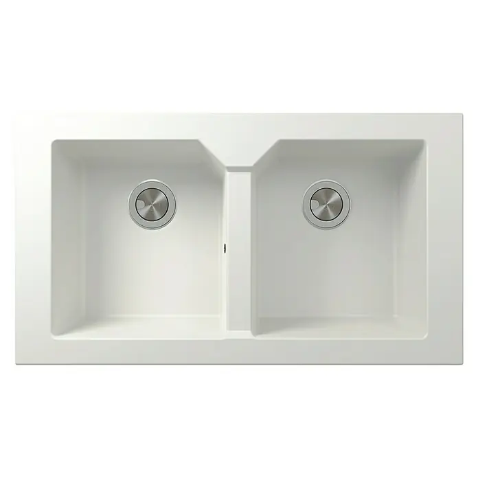 Atron Fregadero encastrable Wing - 51,5 x 91 cm, Material compuesto, Blanco - Primer plano de un fregadero doble blanco con desagües metálicos redondos, destacando un elemento de diseño de cocina moderno y limpio.