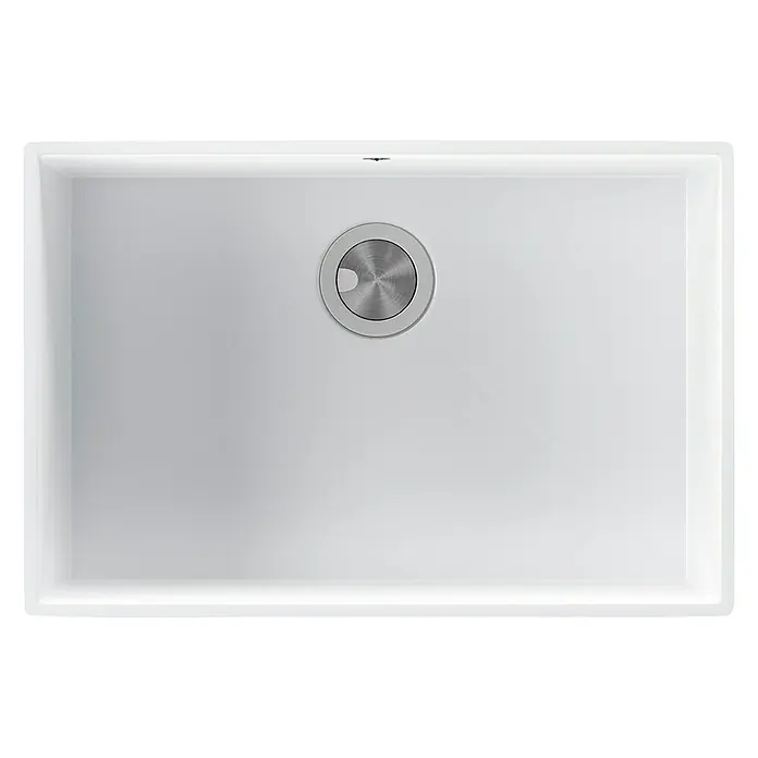 Atron Fregadero encastrable Tide - 42,8 x 64,8 cm, Material compuesto, Blanco, Brillante - Primer plano de un fregadero moderno. La cubeta es blanca y tiene un desagüe redondo de metal cepillado. Diseño elegante.
