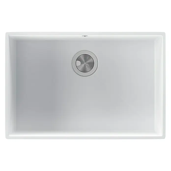 Atron Fregadero encastrable Tide - 42,8 x 64,8 cm, Material compuesto, Blanco, Mate - Un fregadero moderno, rectangular y blanco con un desagüe metálico redondo en el centro. El diseño minimalista se adapta a cualquier cocina.