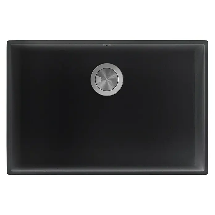 Atron Fregadero encastrable Tide - 42,8 x 64,8 cm, Material compuesto, Negro, Brillante - Primer plano de un fregadero de cocina negro con un tapón de desagüe redondo de acero inoxidable, que muestra un diseño moderno y minimalista.