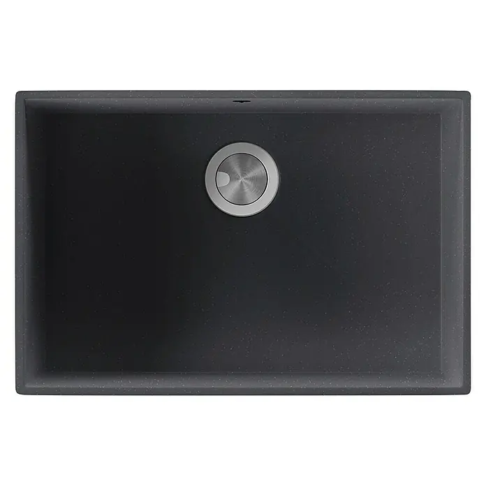 Atron Fregadero encastrable Tide - 42,8 x 64,8 cm, Material compuesto, Negro, Mate - Fregadero oscuro moderno con un desagüe redondo plateado en el centro. Un diseño elegante para cualquier cocina.
