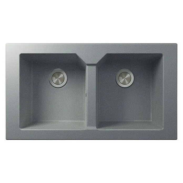 Atron Fregadero encastrable Wing - 51,5 x 91 cm, Material compuesto, Gris - Fregadero de doble cubeta hecho de material compuesto gris con dos senos y desagües redondos. Perfecto para cocinas modernas.