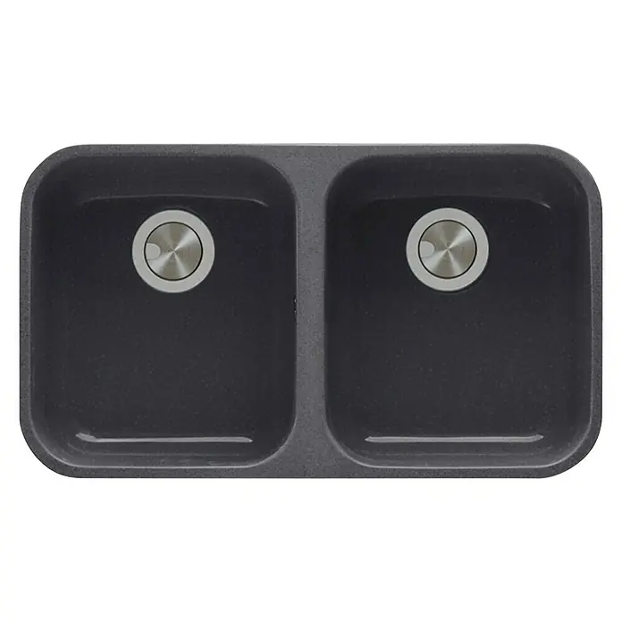Atron Fregadero encastrable Block - 43,6 x 76 cm, Material compuesto, Negro - Fregadero doble moderno de material compuesto oscuro con cubetas redondas y desagüe de acero inoxidable. Ideal para cualquier cocina.