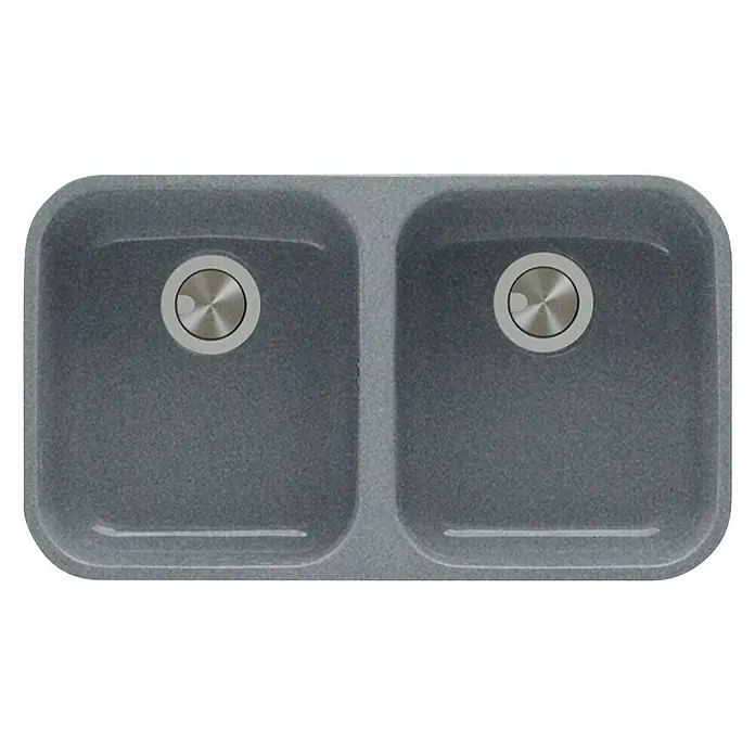 Atron Fregadero encastrable Block - 43,6 x 76 cm, Material compuesto, Gris - Fregadero doble gris de composite con cubetas redondas y desagües plateados, ideal para una cocina moderna. Duradero y fácil de mantener.